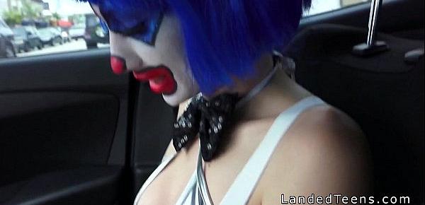  Teen in clown costume banging outdoor to cumshot